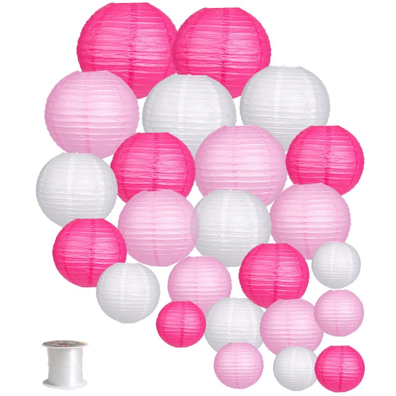 zilue 24pcs Hanging Round Paper Lanterns for Wedding Birthday Party Baby Showers Decoration Pink/White - Image 1